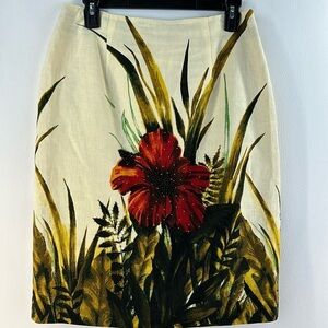 Beautiful Silk Club 100% Linen Hibiscus Floral Pencil Skirt, 8